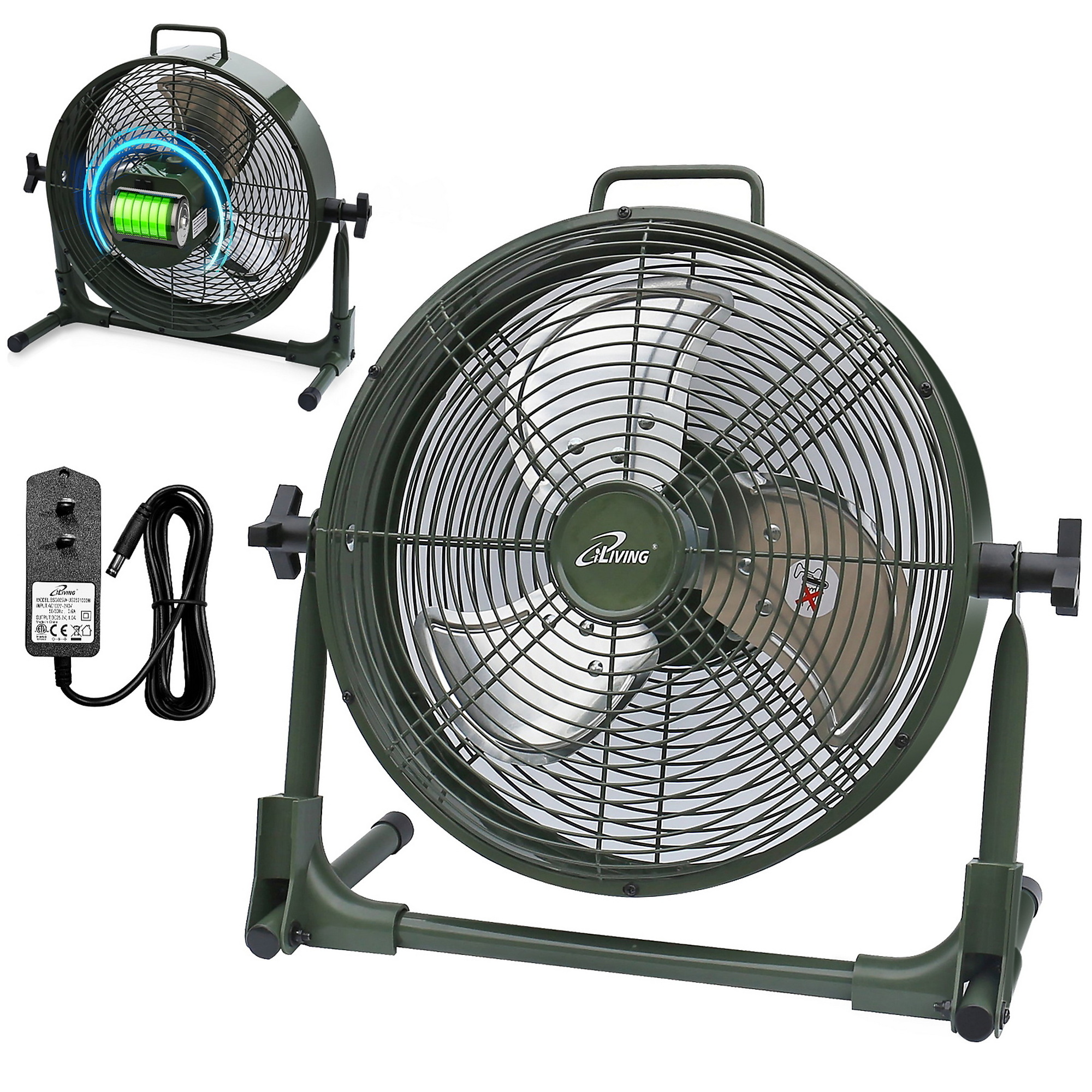 Dr. Infrared Heater iLiving Rechargeable Battery Operated Camping Floor Fan — 12in., High Velocity, Metal Blade, Portable, Military Green, Model# ILG8RX12